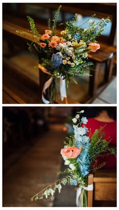 two pictures of flowers in vases on the ground