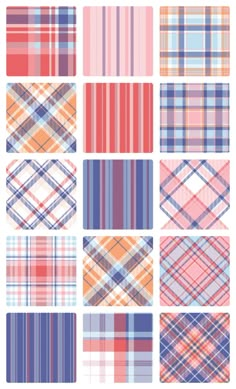 different plaid patterns in various colors and sizes, including blue, pink, orange, and white