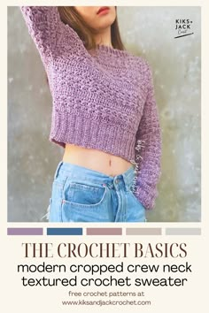 the crochet basics modern cropped crew neck textured crochet sweater