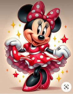 a cartoon minnie mouse with red and white polka dots on it's head, dancing