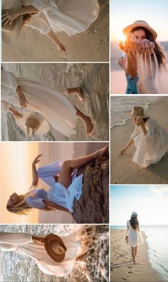 the woman is walking on the beach in her white dress and straw hat, while she covers herself from the sun