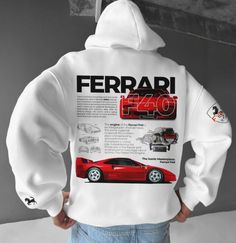 Trendy Hoodies, Ferrari F40, Cars Clothes, Sports Hoodies, Cool Hoodies, Pullover Designs, Hoodies Design, Print Hoodie, Hoodie Design