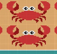 a cross stitch pattern with two crabs on it's sides, one is red and the other is blue