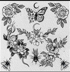 some flowers and butterflies on a white paper with the words, i love you in black ink