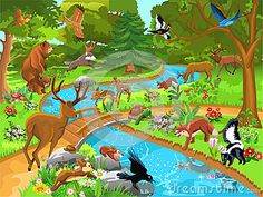 a painting of animals and birds in the woods