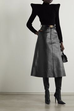 Skirt Outfits Black Women, Black Leather Midi Skirt, A Line Skirt Outfits, Balenciaga Skirt, Leather A Line Skirt, Outfits Black Women, Leather Skirt Outfit, Balenciaga Clothing, Leather Midi Skirt