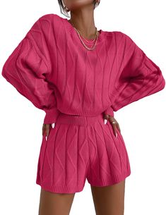 PRICES MAY VARY. Knit lounge sets for women is made of Premium High quality elastic knitted fabric, which is light and soft to ensure that your sleep and leisure are very comfortable. This loungewear include a long drop sleeve sweatshirt top and a high waist matching shorts with waistband,perfect for the relaxing season. This sweatsuit sets for women soft can be easy to pair with daily sneakers or short boots to complete a fashion casual look, or match with high heels for a delicate look. Perfec Pink Sweater Outfit, Sweatsuit Outfits, Textured Crop, Knit Lounge Set, Hot Pink Sweater, Pullover Outfit, Cropped Pullover, Fall Inspiration, Long Sleeve Pullover Sweater