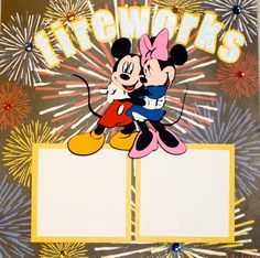 mickey and minnie mouse with fireworks in the background