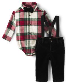 He's all dressed up and ready for his first Christmas in this plaid outfit set! Set includes 1 bodysuit, 1 pair of pants and 1 bowtie 100% cotton plaid bodysuit Snap closures at bottom for easy changing Pointed collar with button font 100% cotton pants Pull-on elasticized waistband; functional button and faux fly Detachable suspenders; faux front and back pockets Pre-tied bowtie with adjustable neck strap and plastic clip closure at back Machine wash: imported Christmas Cabin Collection Baby Boy Toddler Holiday Outfits Boy, Christmas Plaid Outfit, Bowtie Outfit, Family Plaid, Kids Holiday Outfits, Plaid Outfit, Christmas Cabin, Boys Christmas Outfits, Baby Boy Christmas