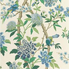 a wallpaper with blue flowers and birds on it