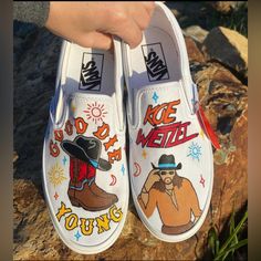 Brand New Never Worn Still Has The Tag On Them Hand Painted Vans Custom, Koe Wetzel Aesthetic, Koe Wetzel Quotes, Western Painted Vans, Painting Shoes Idea, Western Vans, Painted Vans Slip On, Painting Vans, Custom Painted Vans