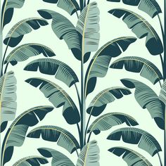 a green and blue wallpaper with palm leaves