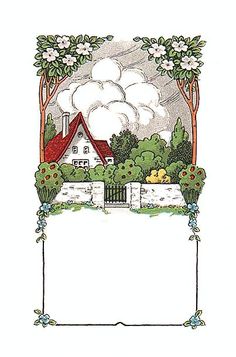 a drawing of a house and trees with clouds in the background