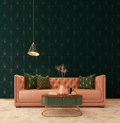 an elegant living room with pink sofa and green wallpaper, gold lampshade