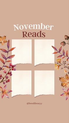 the cover of november reads with leaves and branches in white on a pink background, surrounded by torn paper