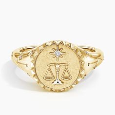 Libra Zodiac Diamond Signet Ring - 14K Yellow Gold. An embossed scale empowers this signet and its wearer with the characteristics of the Zodiac air sign Libra - fashionable, romantic, diplomatic.     An impression in the symbolic shape of the Libra sign is carved into the textured back side of the signet itself, while a shimmering constellation is formed with diamonds along either side of the design.   Sol is a collection that invites you to embrace your inner light. By capturing the symbolism Libra Fashion, Libra Ring, Libra Jewelry, Pirates Gold, Lover Necklace, Diamond Signet Ring, Libra Sign, Lovers Necklace, Zodiac Gifts