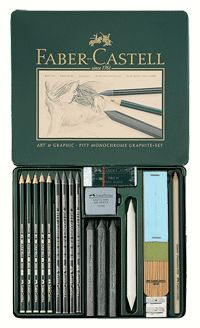 the faber castell art and graphic pencils set is in its green box with several different colored pencils