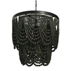 a black chandelier with beads hanging from it's center circle, on a white background