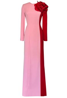 English Rose Color Block Long Sleeve Gown with Statement Flower – CaeliNYC Color Block Gown, Modest Gowns, Valentine Outfits, Cloth Making, Easter Fashion, Classy Wedding Dress