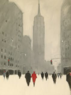 a painting of people walking through the snow in front of tall buildings and traffic lights