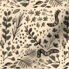 an image of a black and white pattern with leaves, plants and insects on it