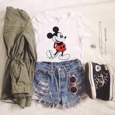 White Short Sleeve Mickey Print Crop T-Shirt Green Jacket Outfit, Cute Disney Outfits, Teenage Outfits, Disney World Outfits, Disneyland Outfits, Disney Inspired Outfits, Jacket Outfit, Teenager Outfits, Dieselpunk