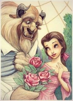 the beast is holding a woman's hand with roses in her hand and she has long hair