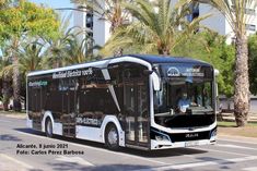 a black and white bus is driving down the street with palm trees in the background