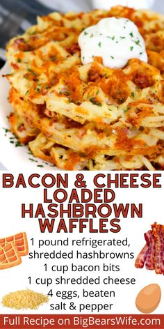 the bacon and cheese hashbrown waffles recipe is shown