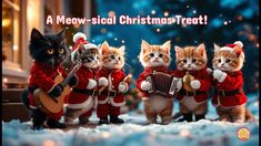 a group of kittens dressed up as santa clause playing an accordion and singing christmas song