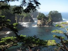 the ocean is surrounded by rocks and trees