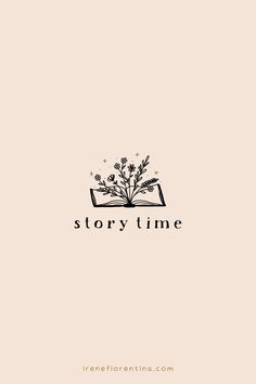 an open book with flowers on it and the words story time written in black ink