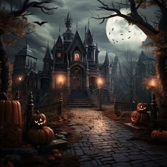 an image of a halloween scene with pumpkins in front of a castle at night