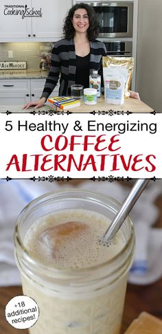 a woman standing in front of a coffee cup with the words 5 healthy coffee alternatives