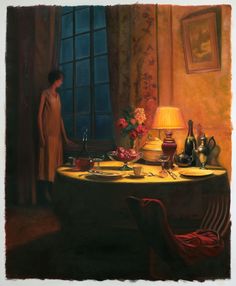 a painting of a woman standing next to a table