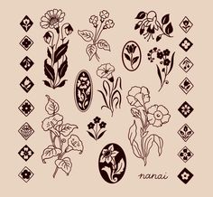 an assortment of flowers and leaves on a beige background with the word nama written in black