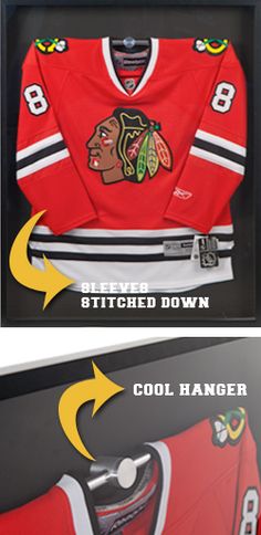 the chicago black hawks jersey is displayed in a shadow box with an arrow pointing to it