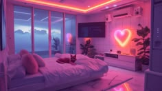 a bed room with a neatly made bed and lots of lights on the wall above it