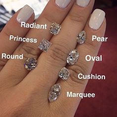 a woman's hand with five different types of diamond rings on it and the names of each ring