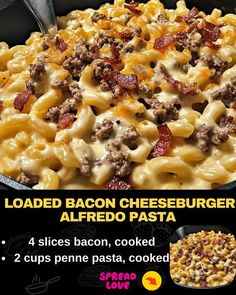 the recipe for loaded bacon cheeseburger is shown in three different stages, including one being cooked