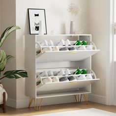 a white shoe rack filled with shoes next to a potted plant