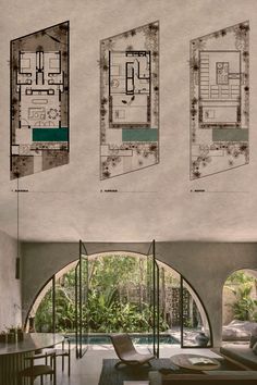 the floor plan for this modern home is shown in three different sections, including an open living room and dining area