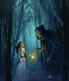 two people standing in the woods with one holding a lantern while the other looks on