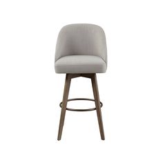 an upholstered bar stool with wooden legs and a grey fabric seat, viewed from the front