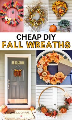 Collage of DIY fall wreaths. Fall Wreath Diy Dollar Tree, Diy Fall Wreath Dollar Tree, Dollar Tree Wreaths Diy, Easy Fall Wreaths Diy, Fall Door Wreaths Diy, Dollar Tree Fall Wreath Diy, Autumn Wreaths For Front Door Diy, Dollar Tree Fall Decor Diy Craft Ideas