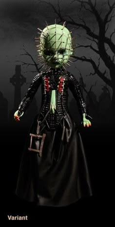 a creepy doll is standing in front of a black background with trees and tombstones