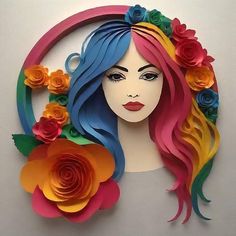 a paper sculpture of a woman with long hair and flowers on her head, in front of a circular frame