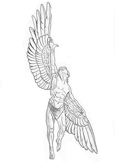 a drawing of a man with wings on his back and arms outstretched, holding a large bird