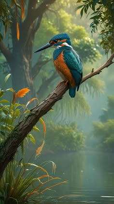 a colorful bird sitting on top of a tree branch next to water and trees in the background