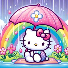 hello kitty holding an umbrella in the rain with flowers and rainbows around her,